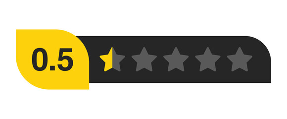 Half star rating bar with numeric label 0.5 in yellow badge, very poor review feedback score and lowest customer trust, PNG with transparent background