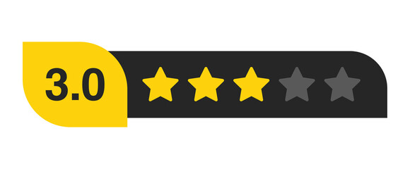 Three star rating bar with numeric label 3.0 in yellow badge, average review feedback score for...