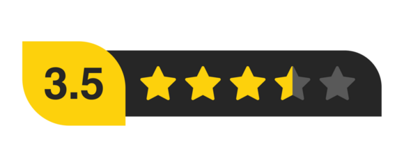 Three and a half star rating bar with numeric label 3.5 in yellow badge, medium high review feedback score, PNG with transparent background