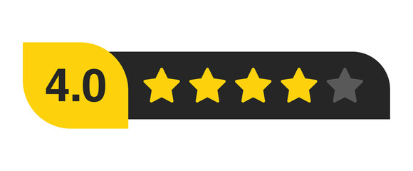 Four star rating bar with numeric label 4.0 in yellow badge, strong review feedback score for quality and customer satisfaction, PNG with transparent background