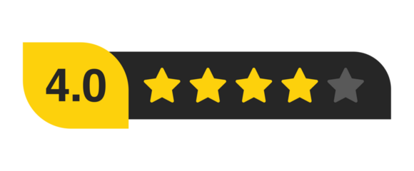 Four star rating bar with numeric label 4.0 in yellow badge, strong review feedback score for quality and customer satisfaction, PNG with transparent background
