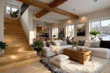 Ceiling with wood above the sofa and room. Generative AI
