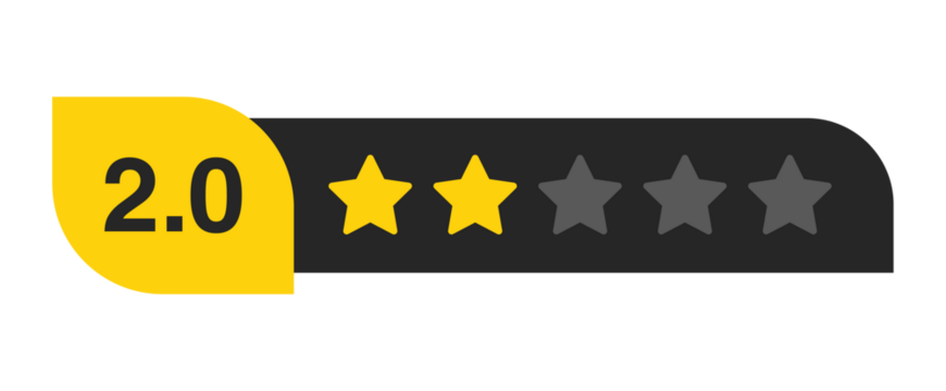 Two star rating bar with numeric label 2.0 in yellow badge, poor customer review score for dissatisfaction, PNG with transparent background