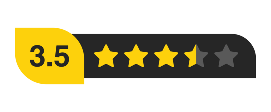 Three and a half star rating bar with numeric label 3.5 in yellow badge, medium high review feedback score, PNG with transparent background