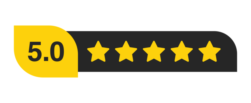 Five star rating bar with numeric label 5.0 in yellow badge, perfect customer review score for feedback, approval and quality trust, PNG with transparent background