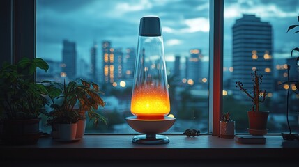 Illuminated lava lamp on windowsill, cityscape backdrop through window