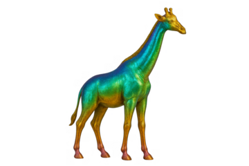 Radiant Giraffe Sculpture: A stunning giraffe sculpture, its form defined by vibrant, iridescent hues that play across the surface, creating an eye-catching spectacle.