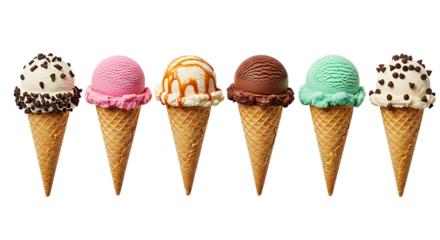 A colorful assortment of six ice cream cones with various toppings and flavors, isolated on a transparent background, representing sweet treats