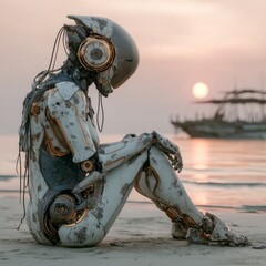 Robot on the background of the sea and ship. Generative AI