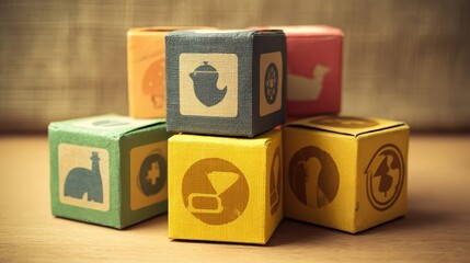 Colorful cardboard boxes with icons for pharmaceutical packaging