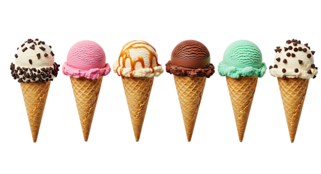 A colorful assortment of six ice cream cones with various toppings and flavors, isolated on a transparent background, representing sweet treats