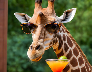 Portrait of giraffe in sunglasses with cocktail, portrait of a giraffe, giraffe close up