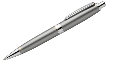 A sleek, modern silver ballpoint pen with chrome accents, isolated on a transparent background