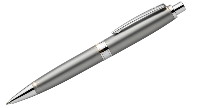 A sleek, modern silver ballpoint pen with chrome accents, isolated on a transparent background