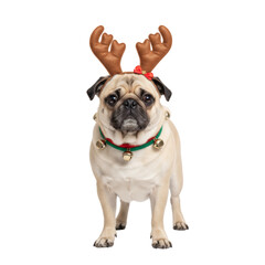 Obraz premium PNG cut out isolated background. A studio portrait of a funny Pug dog with a grumpy expression, sitting while dressed in a Christmas reindeer costume with antlers and a jingle bell collar.