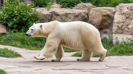 A solitary adult polar bear moves gracefully through its enclosure at the zoo, showcasing its striking white fur against a bright background, captured in natural light