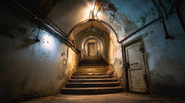 Stunning photo of old abandoned underground bunker with stairs and doors, mysterious place.