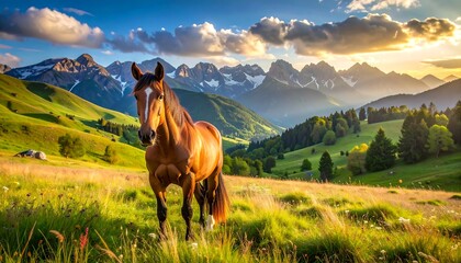 A majestic horse stands in a sunlit green valley, with towering mountains in the background and a beautiful sky