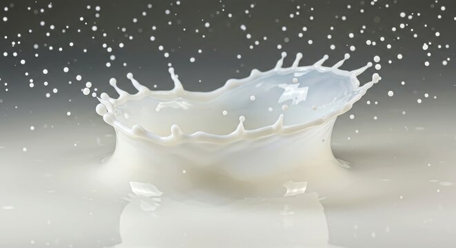 Milk splash creating droplets in clear background with reflections  
