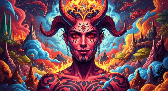 Regal Horned Demon with a Fiery Crown in a Swirling Psychedelic Underworld.