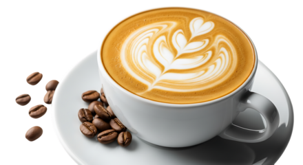 A delicious cup of coffee with latte art and coffee beans, isolated on transparent background