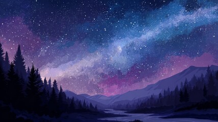 Vector illustration of a starry night sky with milky way over a serene natural landscape, featuring detailed stars, cosmic colors, and tranquil nighttime scenery