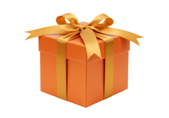 Isolated gift box with gold ribbon bow, wrapped present for birthdays and holidays or special occasions
