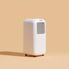 Modern portable air conditioner provides cool comfort with sustainable energy. minimalist white appliance offers climate control for refreshing and calm indoor space