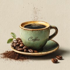 The inscription "coffee" on the cup. Generative AI