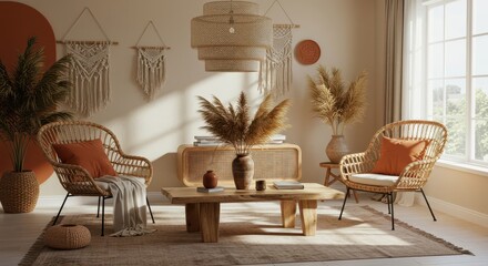 Warmly lit living room features bohemian decor, comprising woven chairs, a wooden coffee table, and a stylish rattan chandelier above the furniture, showcasing a serene and inviting ambiance, with...
