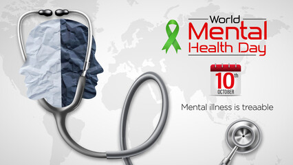 Mental Health Awareness month Depression concept design with abstract human head profile and Green ribbon design Vector Illustration
