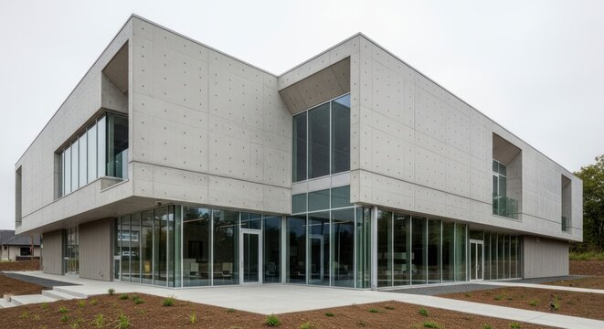 Angular Concrete and Glass Facade of a Modern Institutional Building Under an Overcast Sky.