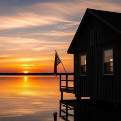 Lakeside Cabin with American Flag at Sunset