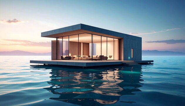 A modern, minimalist floating home features large glass walls with a serene interior and exterior deck. The setting includes calm ocean and a blurred sunset