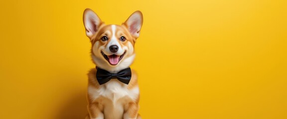 Corgi dog wearing a bow tie on a yellow background.
