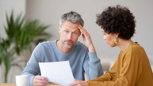 Worried couple, man and woman, face financial problem together. man shows stress while reading document, receiving support and compassion from his partner