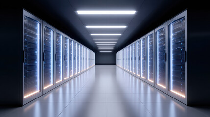 Fototapeta premium Impressive view down data center corridor lined with server racks. powerful supercomputer using advanced technology for network hosting, database, and internet cloud computing