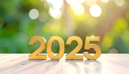 A golden "2025" sits on wood with a blurred green and yellow backdrop. The image gives off a celebratory and positive vibe, evoking a feeling of anticipation