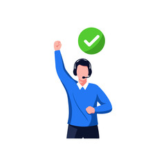 Customer service representative celebrating success with checkmark icon