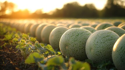 Melon field at golden hour, symmetrical rows receding into the horizon