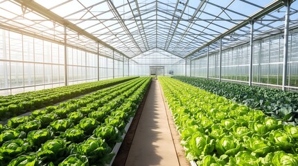 Large Commercial Greenhouse Interior with Rows of Fresh Green Lettuce Crops
