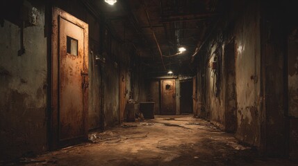 Fototapeta premium Stunning photo of dark and eerie hallway in an abandoned building with prison doors.