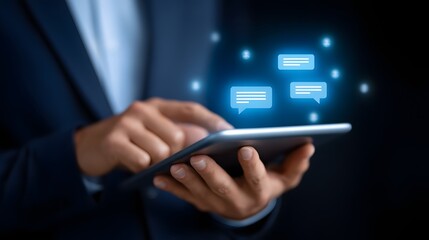 Businessman using digital tablet with chat message icons, online communication and social media technology concept background, modern business network