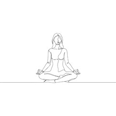 Woman in lotus position meditating, single line art on white