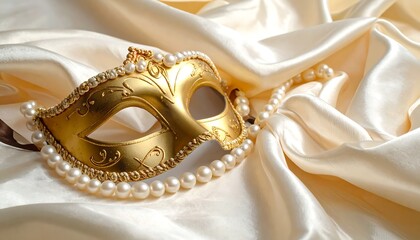 Golden Venetian Mask with Pearls on a Silky Fabric Background