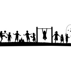 Children playing various games on playground silhouette