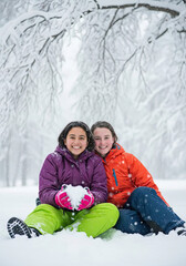 Two Teen Tween Girls Sitting in Snow in Winter with Bare Trees Background