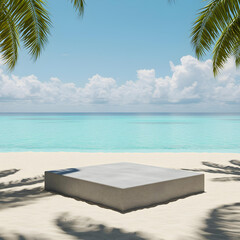 Tropical Display Podium: A minimalist concrete podium stands on a sandy beach, framed by swaying palm fronds and the azure sea, perfect for product presentation.