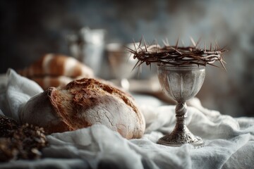 Obraz premium Still life bread, chalice, crown of thorns, and a white cloth. Background is out of focus