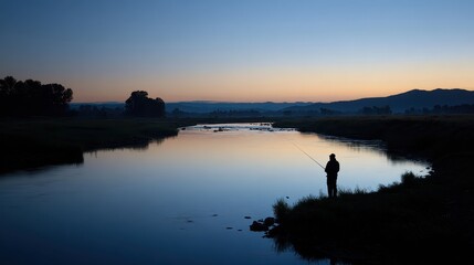 A man fishing on a river at sunset